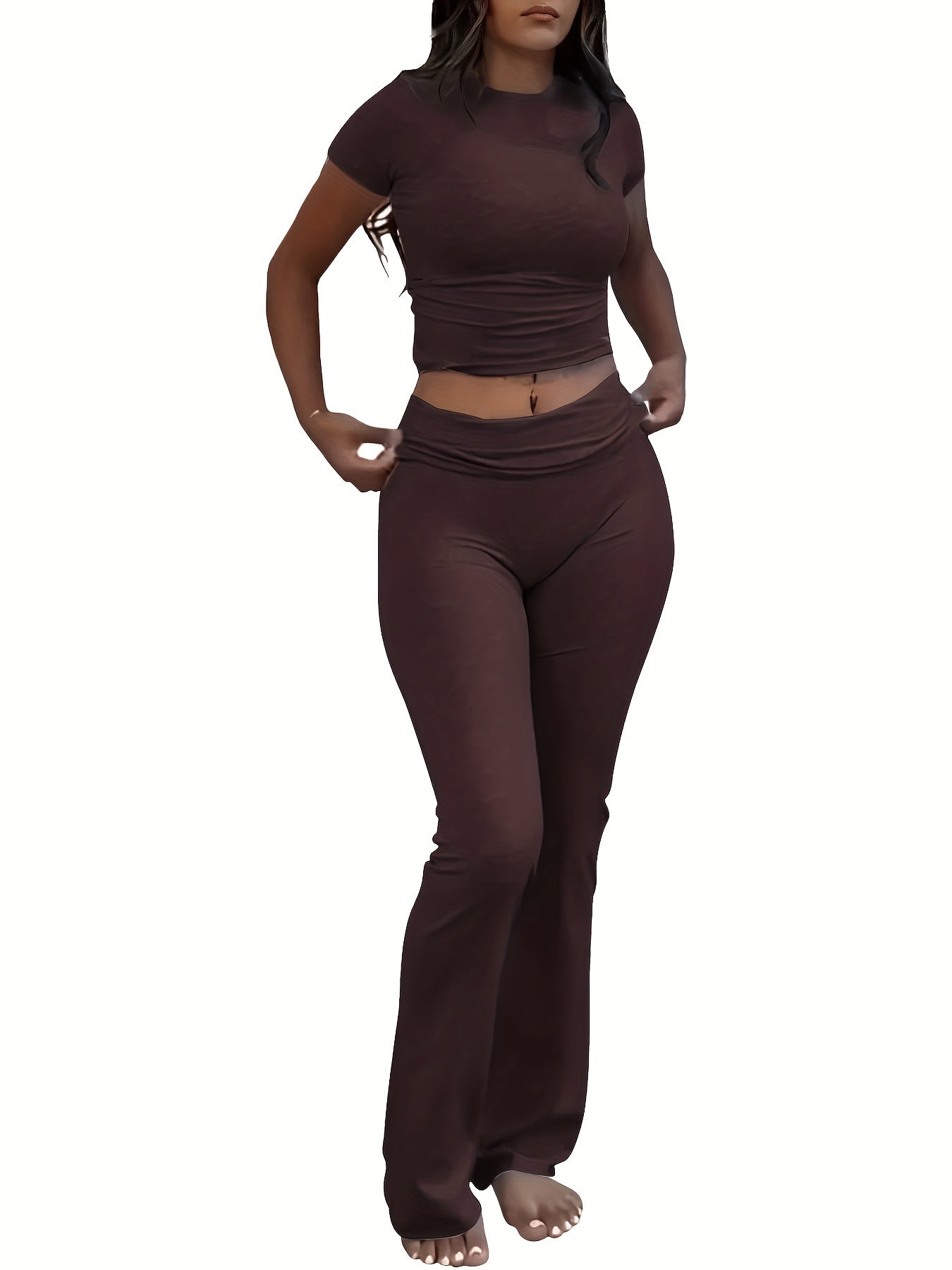 Women's Casual Slim Fit Two-Piece Pants Set – Short Sleeve Crew Neck T-Shirt & High Stretch Flared Leg Sport Pants Outfit