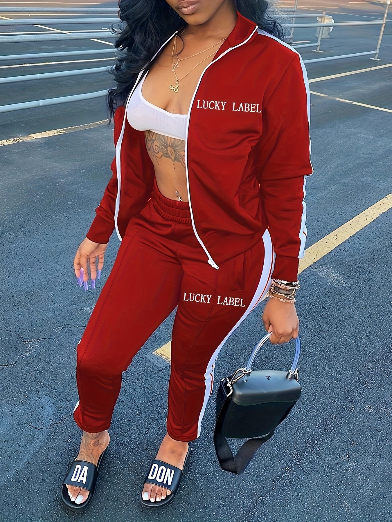 Women's Letter Pattern Striped Two-piece Set, Zip Up Long Sleeve Tops & Elastic Waist Pants Outfits - Casual Style - For Women - Perfect for Daily Wear, Parties & Going Out