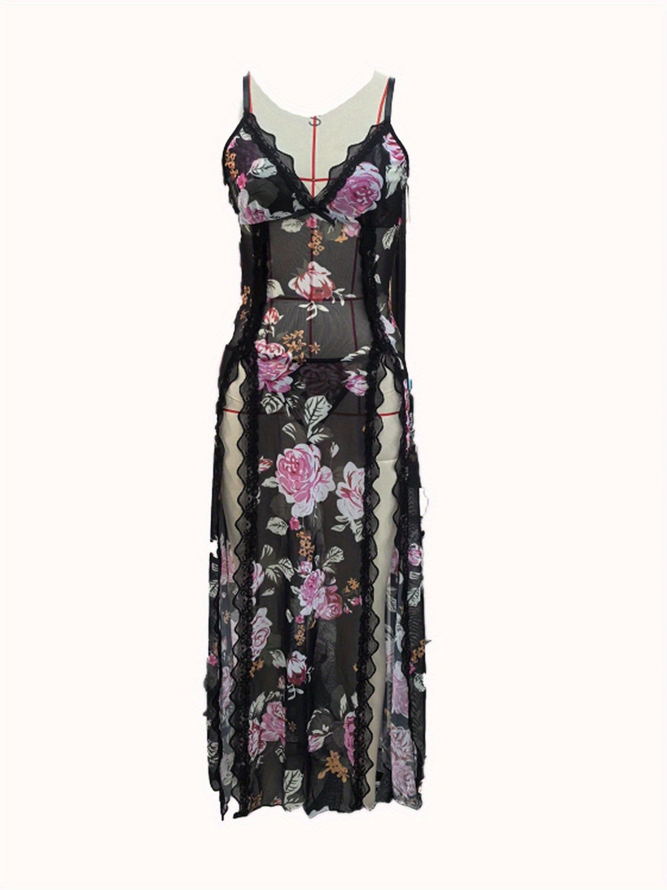 Womens Floral Cami nightgown Slim Lace Trim Deep V Neck Side High Slit Spaghetti Strap Pajama Dress for Bedroom Party