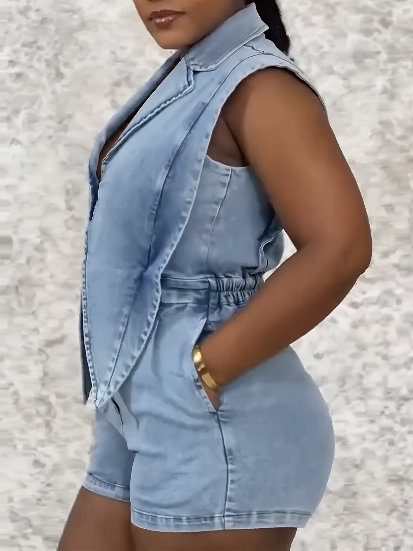 Denim Sleeveless Suit Collar Stretchy Waist Jumpsuit Shorts