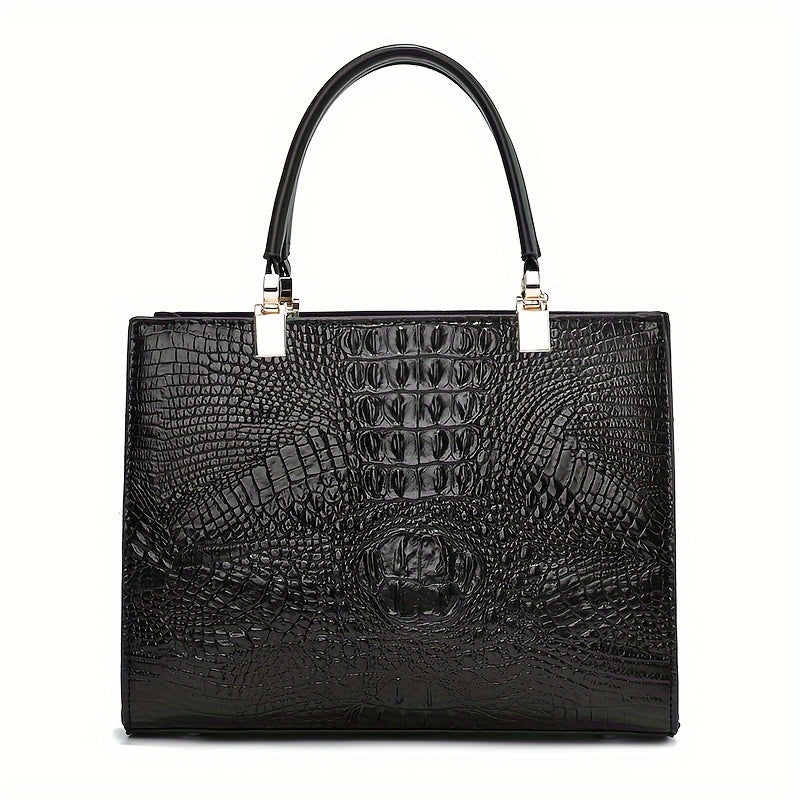 Women's Casual Large Capacity Handbag - Crocodile Pattern PU Purse with Removable Strap | Zipper Closure | Polyester Lining