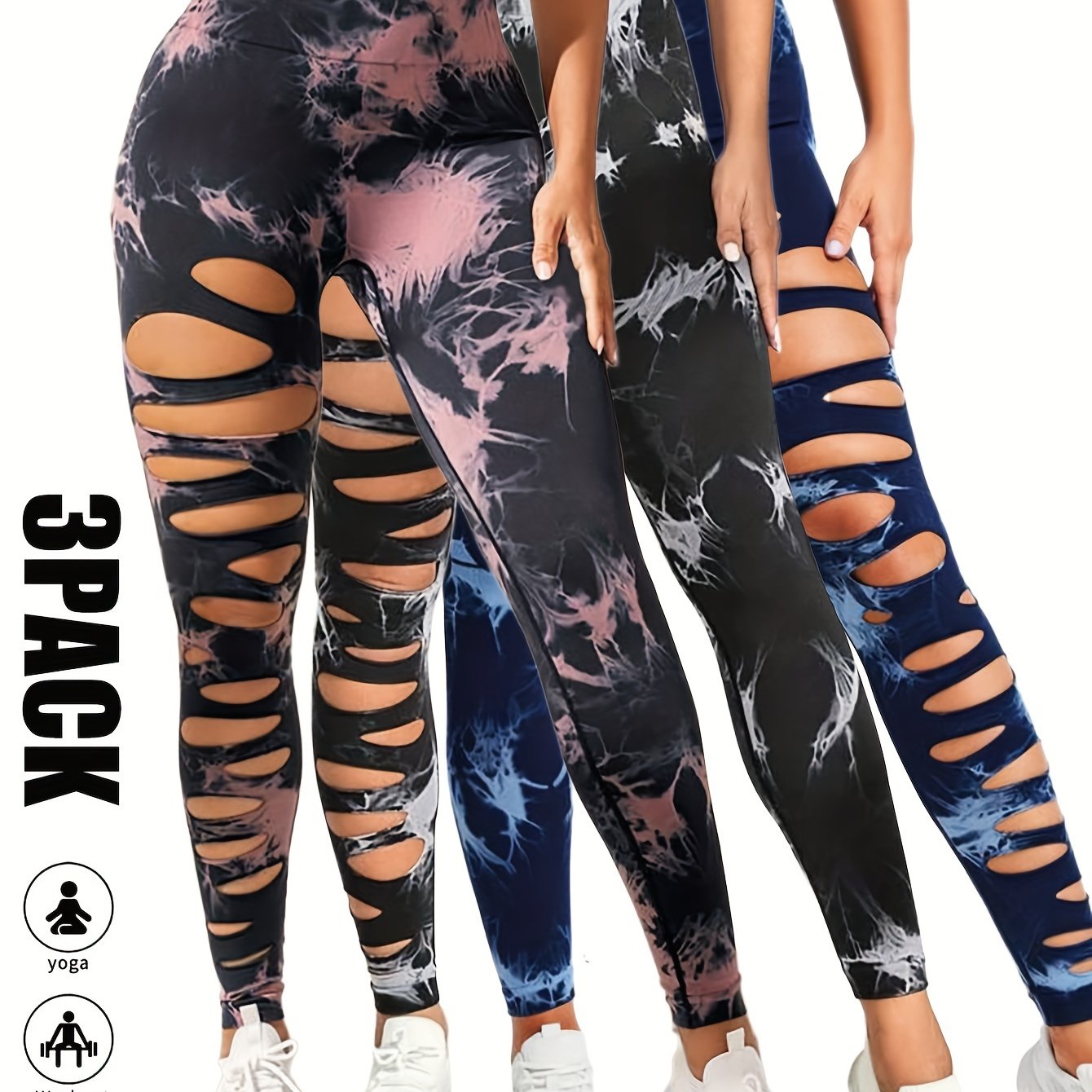 [3 Pack High Waist Yoga Leggings] 3 Pack Women's Tie Dye Cutout Tights High Waist Workout Yoga Leggings, Scrunch Butt Lifting Elastic Pants, Womens High Waist Yoga Pants Cutout Ripped Tummy Control Workout Running Yoga Skinny