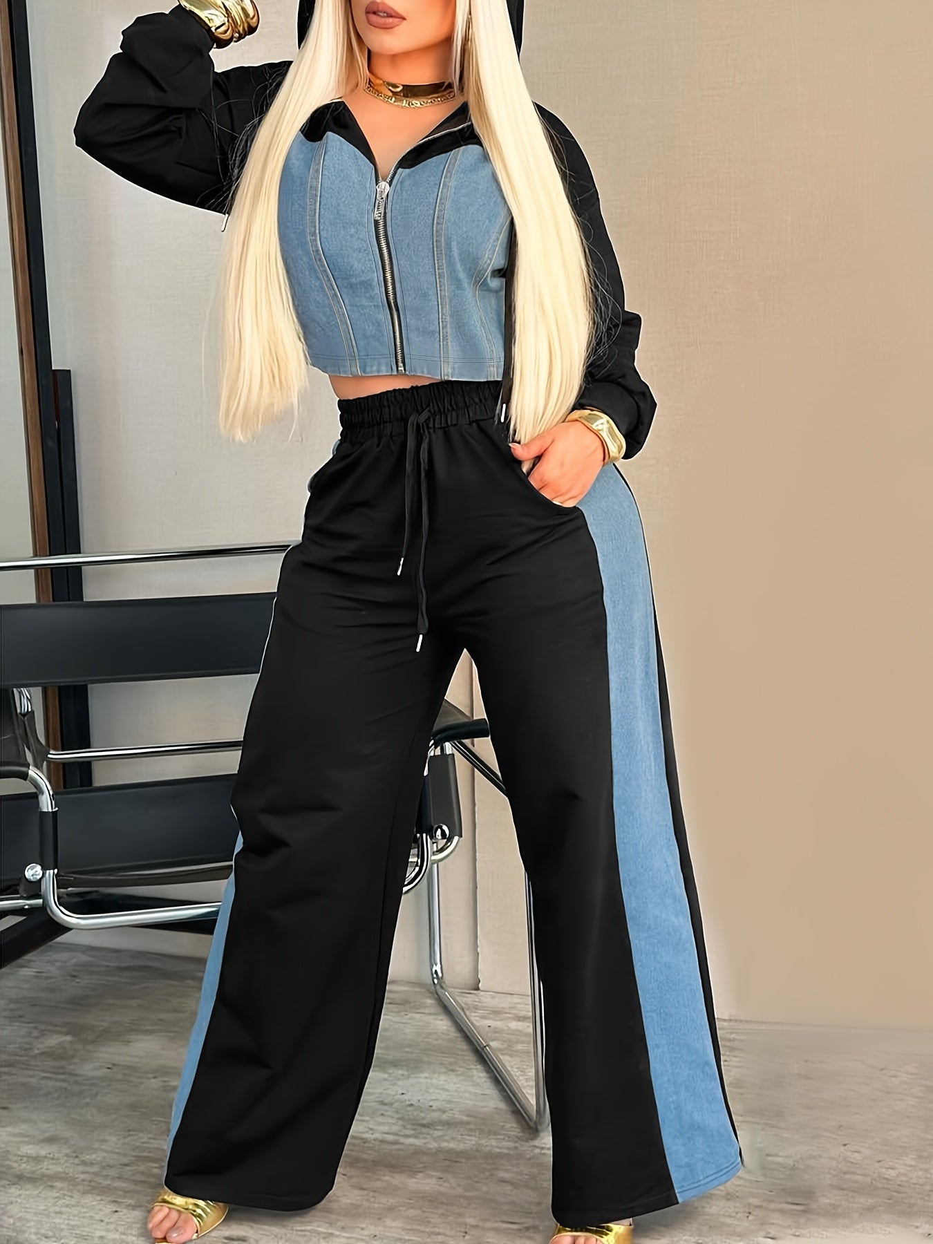 9010 Directional Vacation Leisure Outing Holiday Gathering Patchwork Women'S Suit Women'S Pants Set