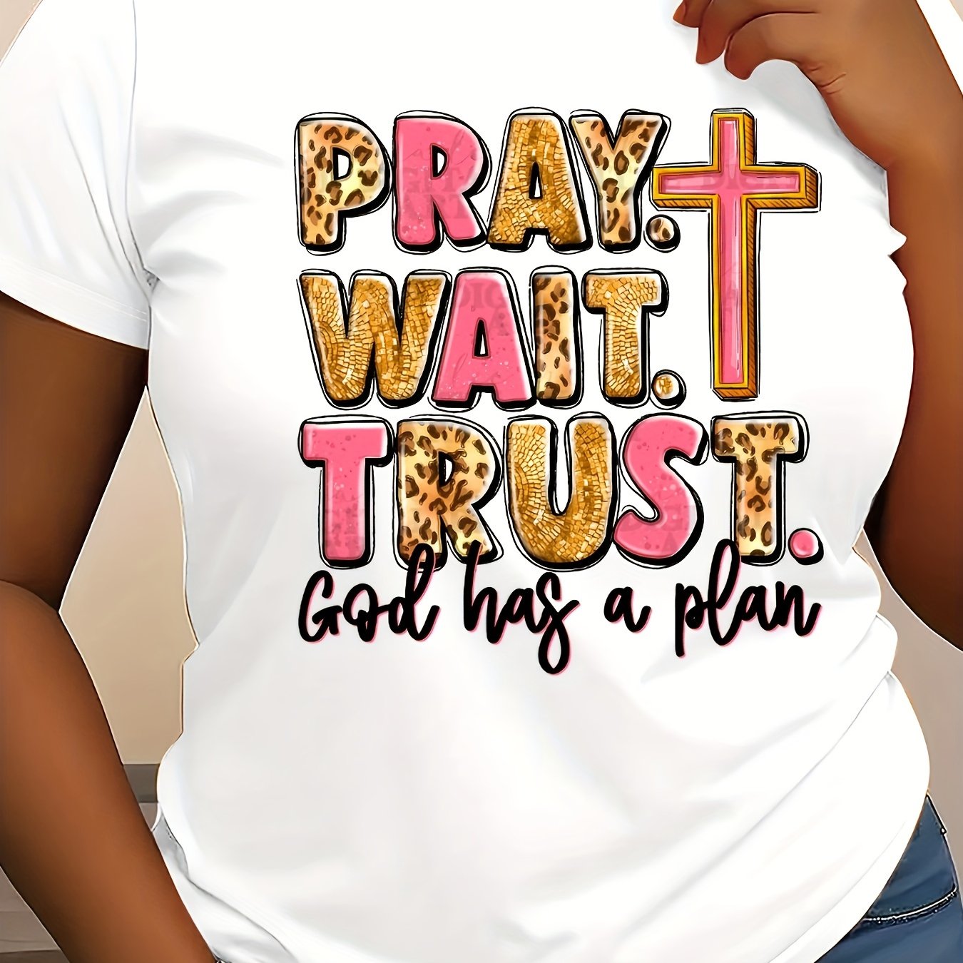 Women's "Pray. Wait. Trust. God Has a Plan" Inspirational T-Shirt - Casual Crew Neck, Short Sleeve, Soft Knit, Regular Fit, All-Season Wear, 180gsm, Machine Washable, Ladies T Shirts