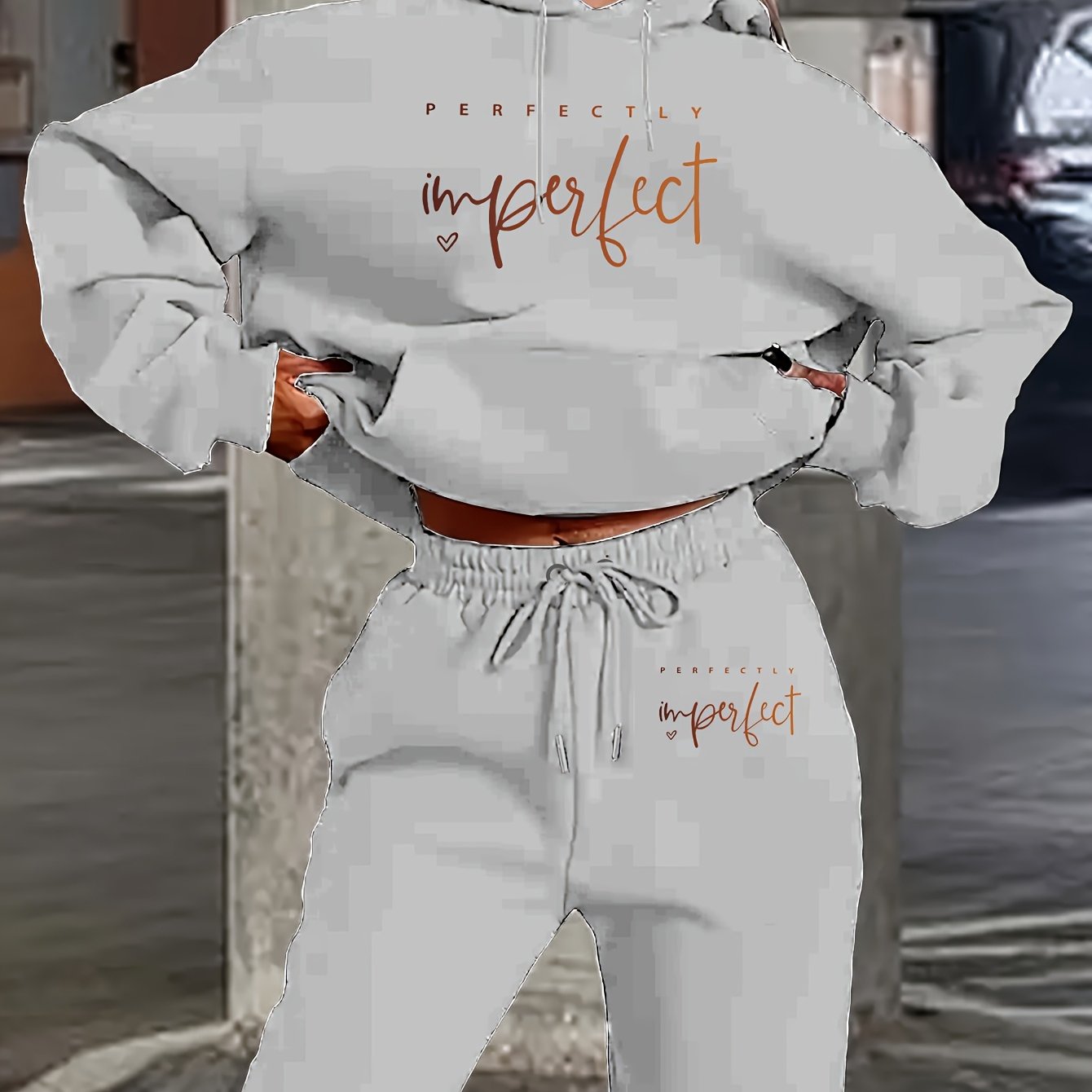 1 Set Women'S Casual Polyester Two-Piece, Fall/Winter Knit Fabric Hoodie with Pocket & Drawstring Pants, Letter Print "Perfectly Imperfect" Design