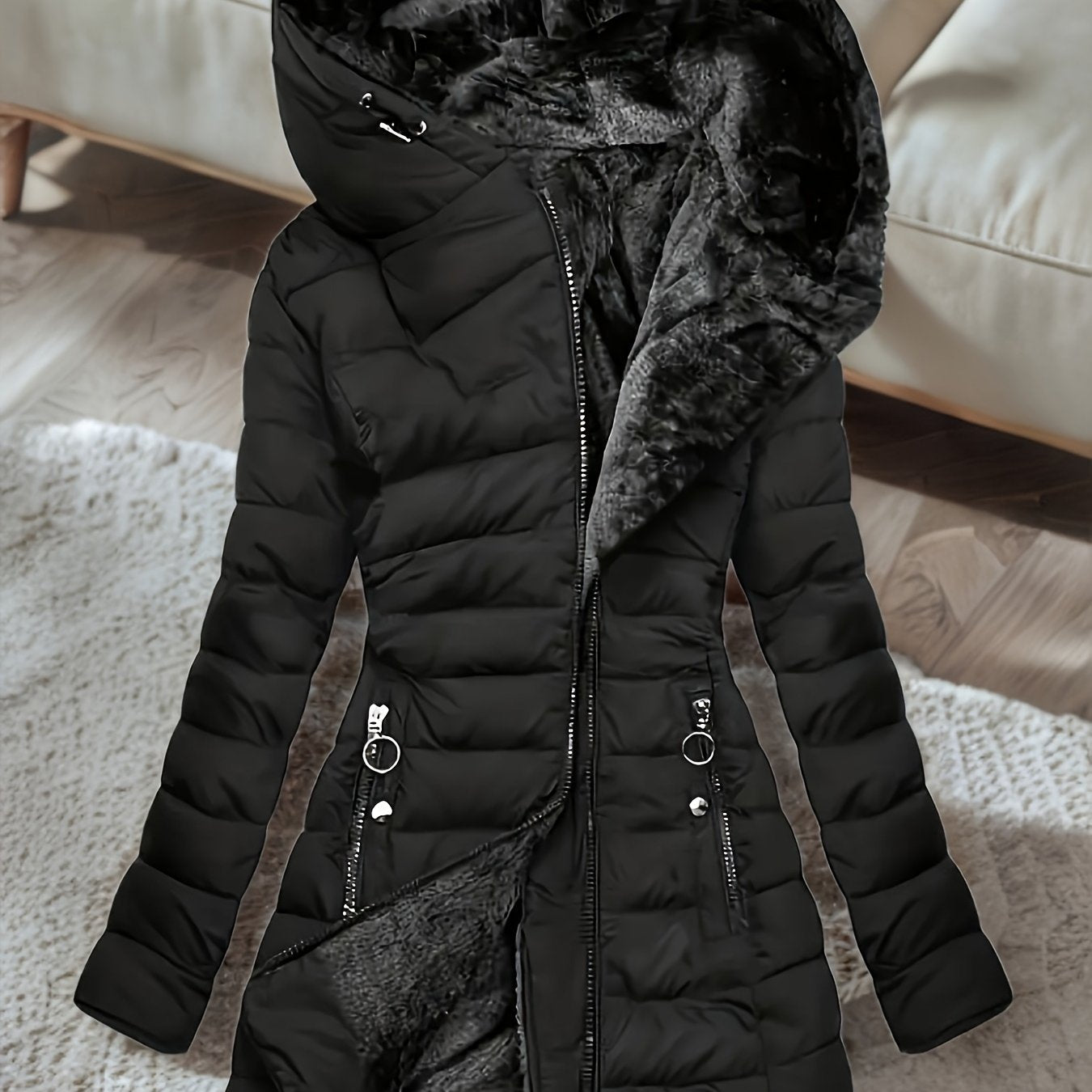 Women's Winter Fleece-Lined Hooded Coat - Mid-Length Loose Fit Parka with Fur-Lined Hood, Front Zipper & Pockets, Black Casual Outerwear, Big Fluffy Hooded Winter Coats, Furlined Warmth