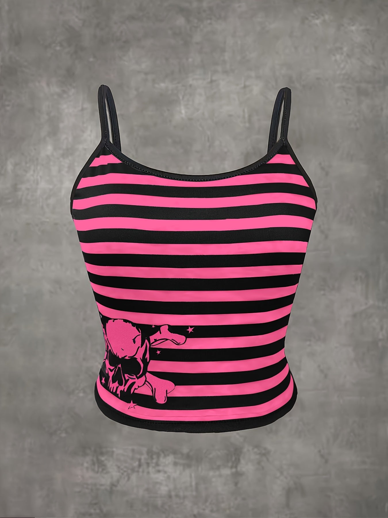 Vibrant Striped Grunge Punk Cami Crop Top - Spaghetti Strap, Mid Elasticity, Polyester, Random Print, Casual, Slingback, Summer Essential - Womens Fashion Clothing