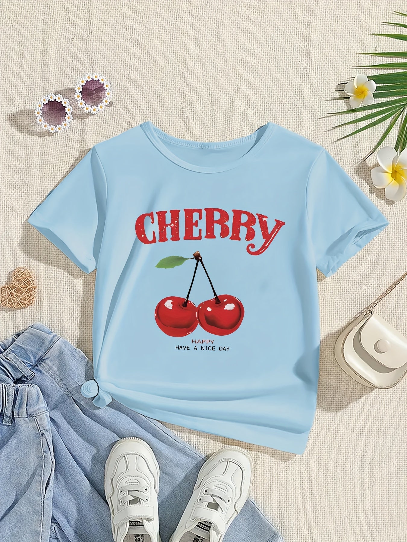 Girls' Cherry Graphic Tee - Soft & Quick-Dry Polyester Blend, Casual Round Neck Short Sleeve T-Shirt with "Have a Nice Day" Print, Perfect for Spring/Summer Outings, Girls Tshirts