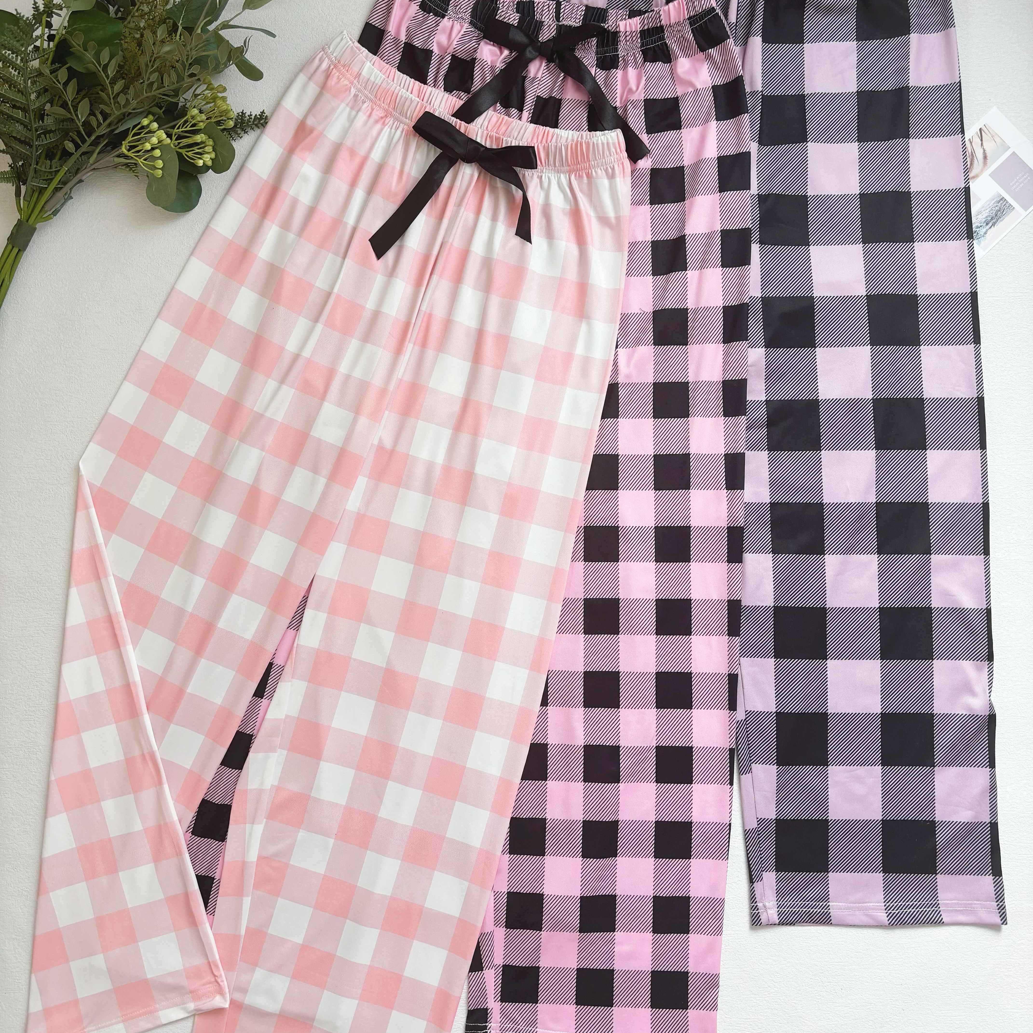3pcs Elegant Plaid Pajama Set for Women - 97% Polyester, 3% Elastane, Summer Long Pants with Bow Detail, Knit Fabric Lounge Wear