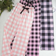 3pcs Elegant Plaid Pajama Set for Women - 97% Polyester, 3% Elastane, Summer Long Pants with Bow Detail, Knit Fabric Lounge Wear