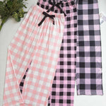 3pcs Elegant Plaid Pajama Set for Women - 97% Polyester, 3% Elastane, Summer Long Pants with Bow Detail, Knit Fabric Lounge Wear