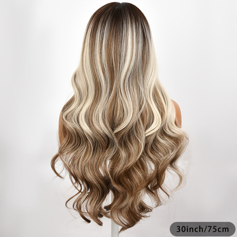 Synthetic Wigs for Women, Shoulder-length, with A Water Wave Style. It Has Brown Highlights. The Roots Of The Hair Are Brown, And The Middle Part Of The Hair Is In A Loose Curly Wave Shape. The Length Of The Wig Is 30 Inches,