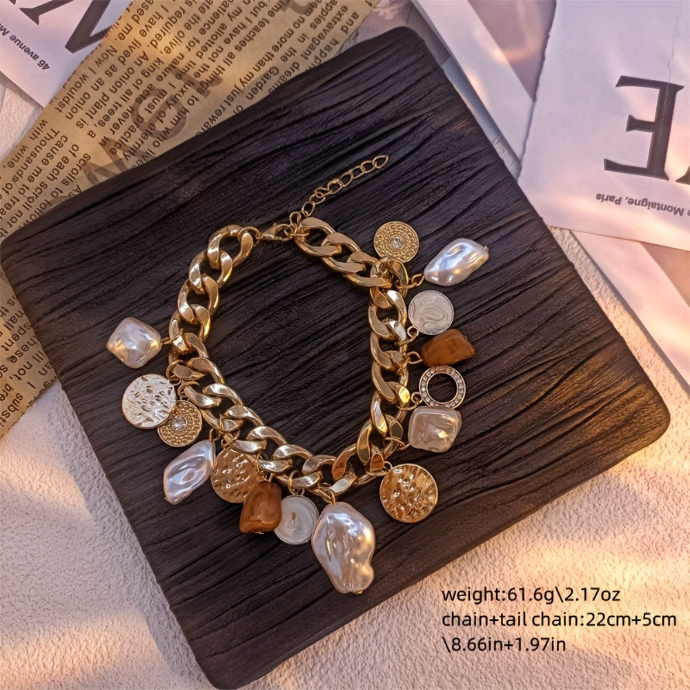 Women's Vintage Style Charm Bracelet - Alloy Chain with Faux Baroque Pearls & Rhinestones | Elegant & Versatile | Perfect for Daily and Vacation Wear