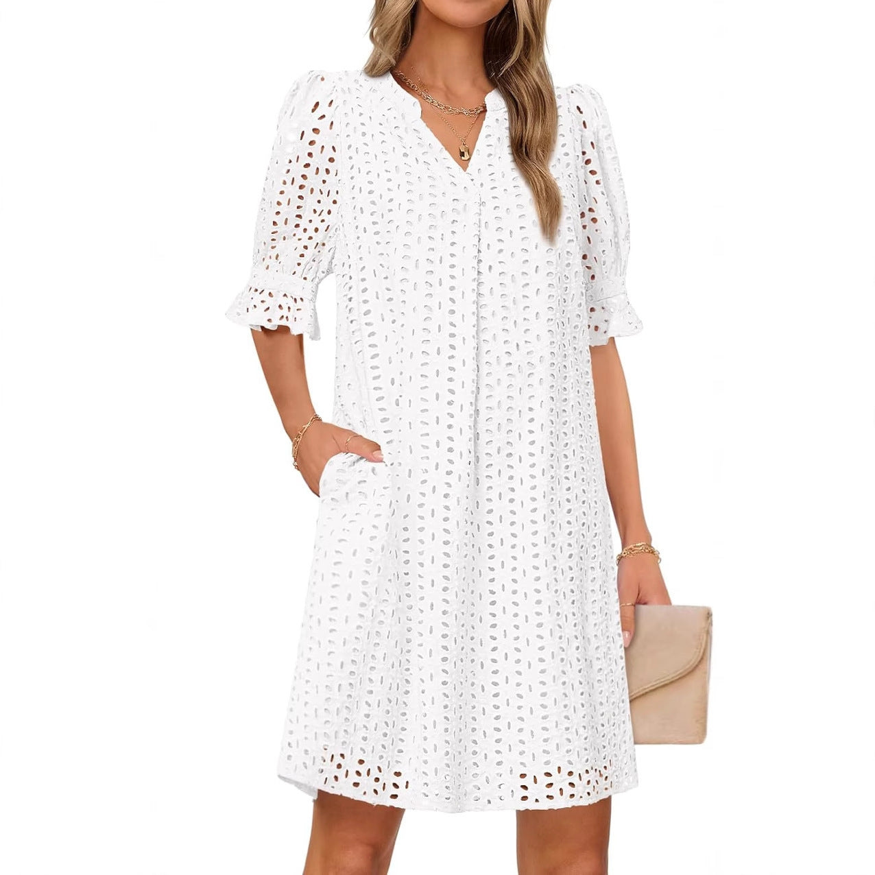 SpringSummer V Neck Pleated Collar Hollow Out Floral Lace Dress