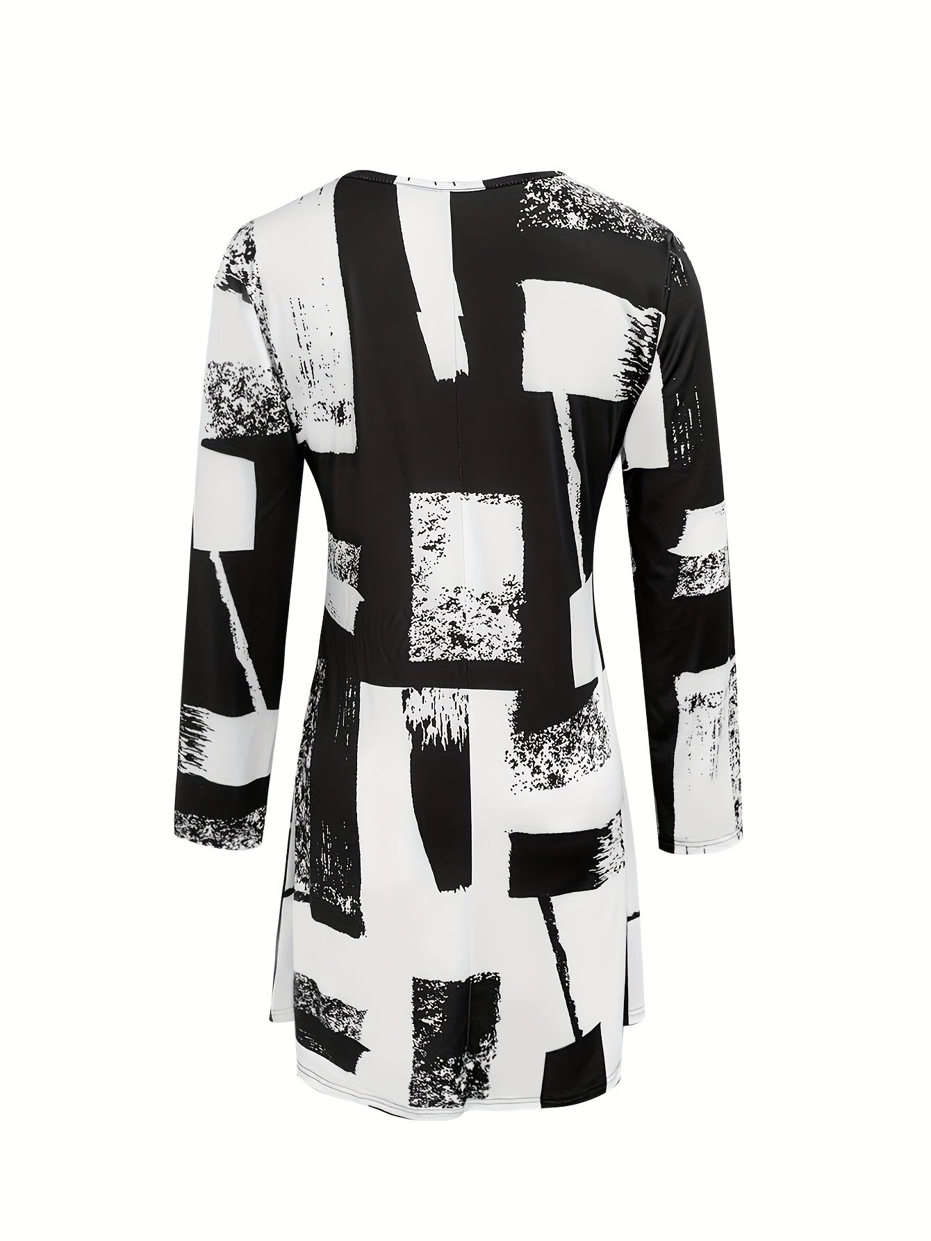Brush Print Crew Neck A-line Dress, Elegant Long Sleeve Slim Dress For Spring & Fall, Women's Clothing