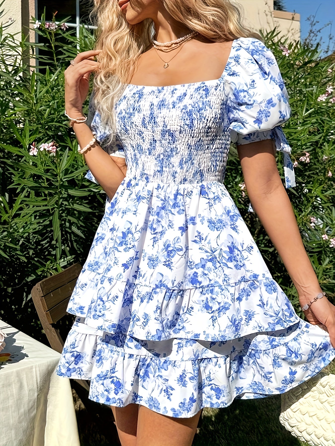 Floral Print Square Neck Dress, Elegant Ruffle Hem Puff Sleeve Dress For Spring & Summer, Women's Clothing