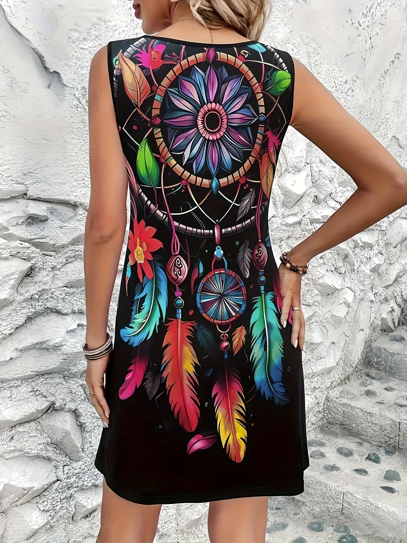 Bohemian Midi Dress for Women, Colorful Print with Dreamcatcher and Ring Accents, Sleeveless Crew Neck, Polyester Knit Fabric, Regular Fit, Spring/Summer/Fall Collection