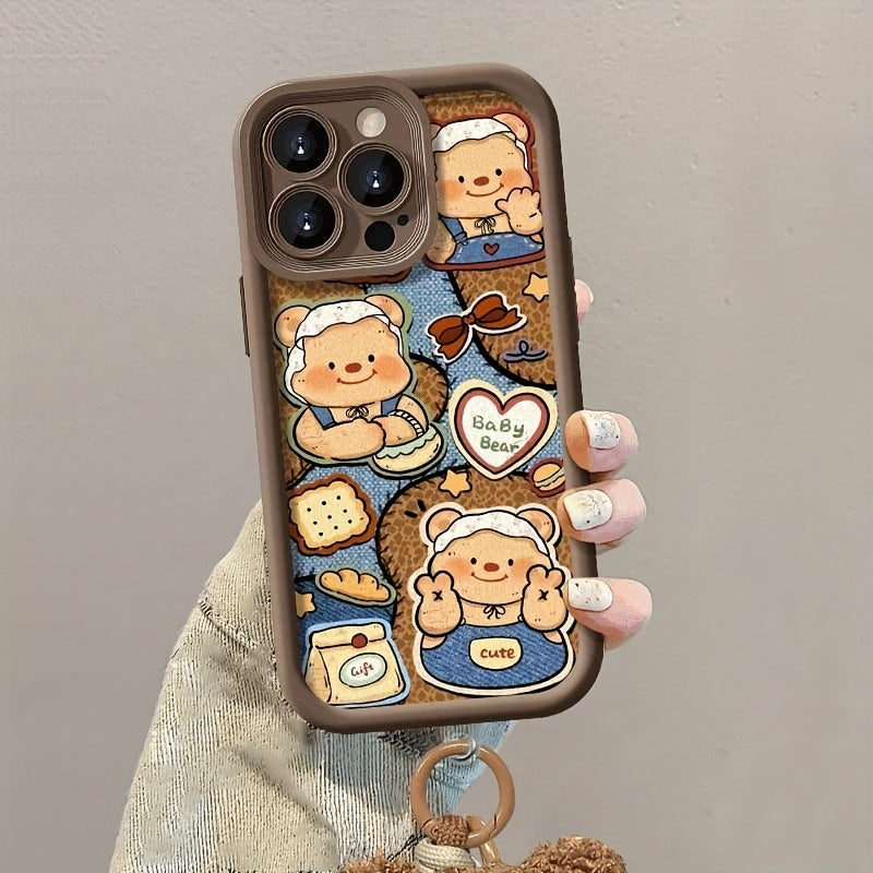 1pc Butter Bear Pattern Plush Lanyard Brown High Bamboo Mobile Phone Case, TPU Material Full Cover Anti-fall Lightweight Sandpaper Mobile Phone Protective Case, Suitable for iPhone 16/11/13/15/15 Plus/15 Pro/15 Pro Max/12/14