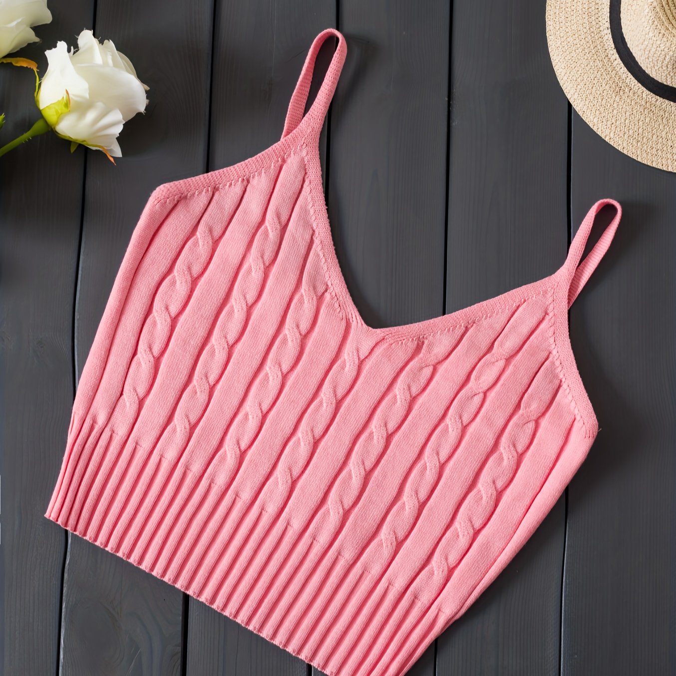 Romantic Valentines Day Soft Knit Cami Crop Top - Flirty Sleeveless Style for Spring & Summer - Comfortable Casual Wear, Womens Fashion Essential