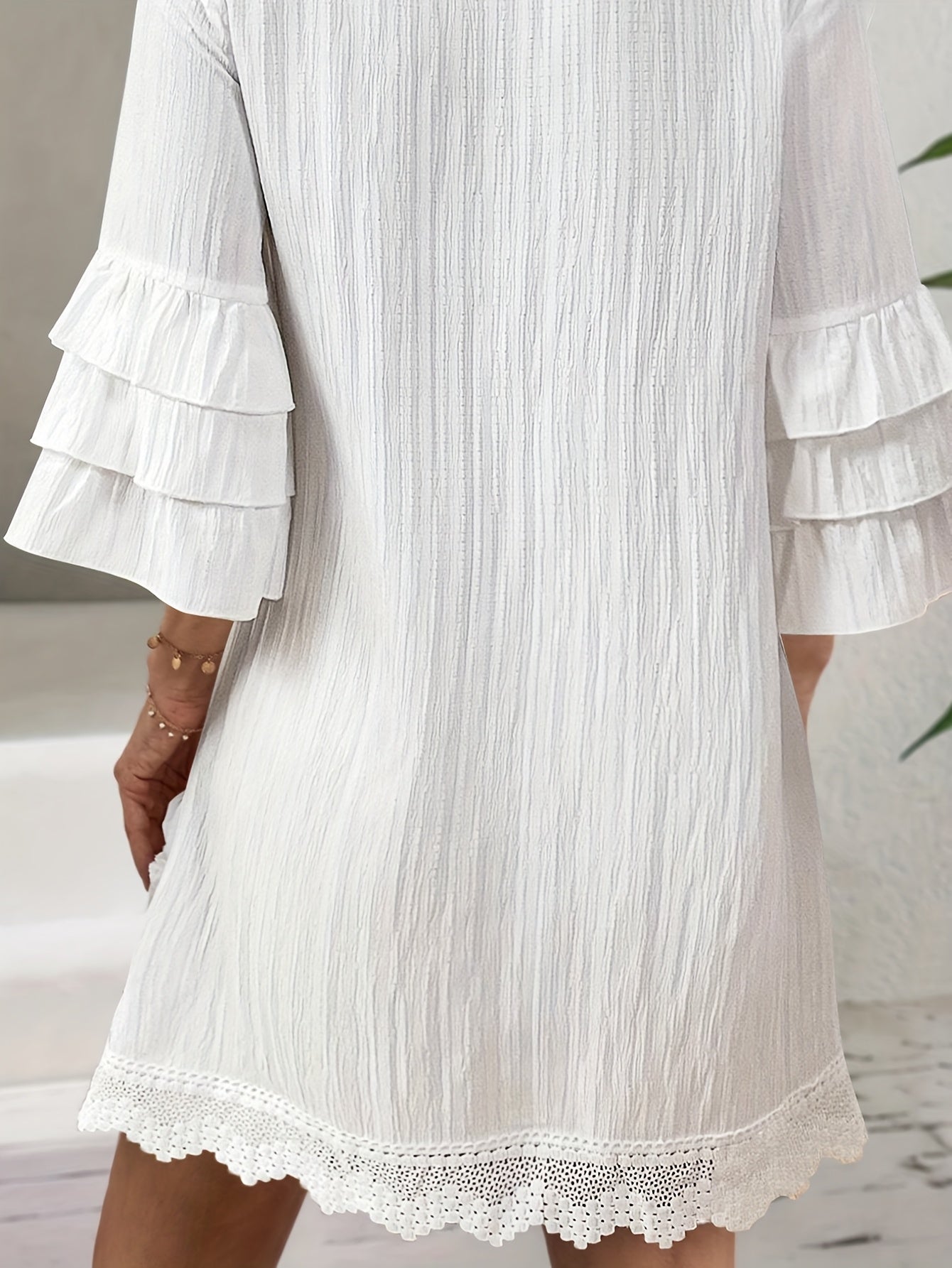 Women'S Fashion Embroidered Notched V-Neck Dress with Colorful Pom-Pom Detail, Ruffle Three Quarter Sleeves, Tassel Trim, Polyester 100%, Regular Fit, Woven Fabric, 120g/m², Spring/Summer/Fall A-Line Dress