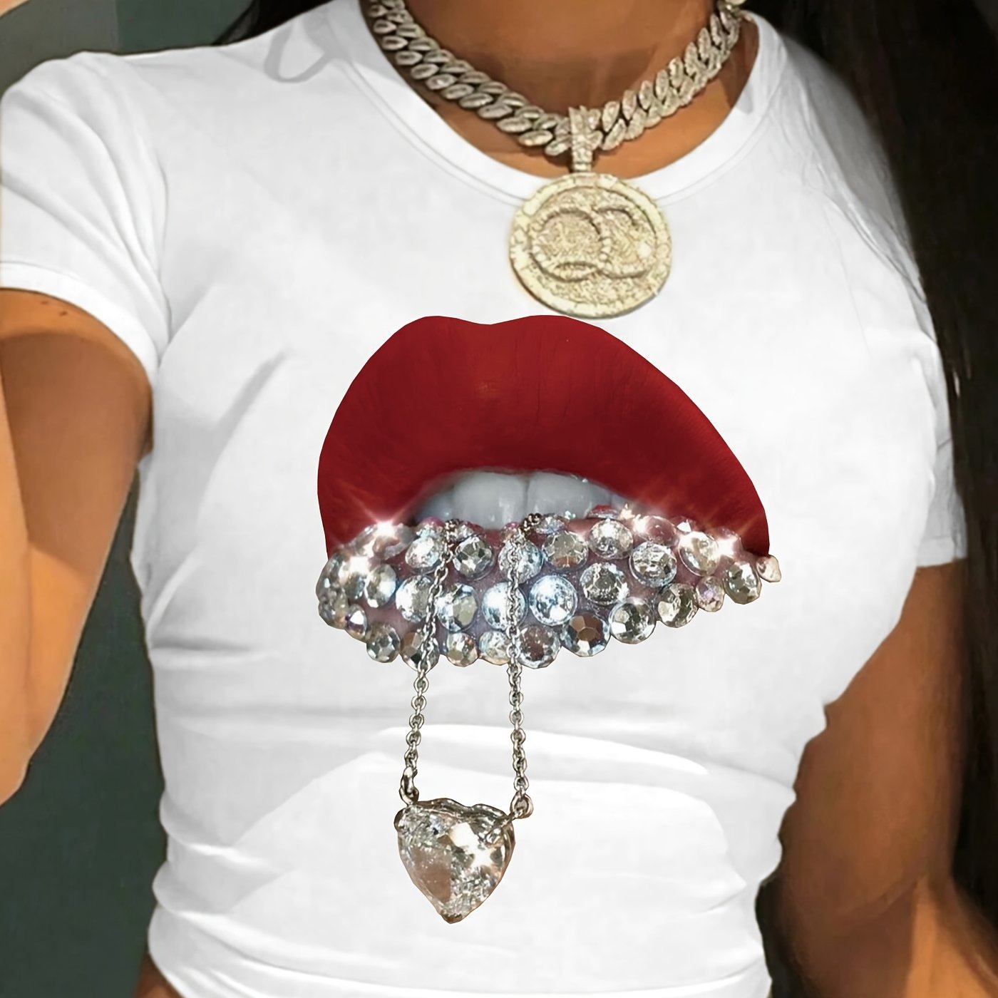 Women's Y2K Lip Print Crop Top T-Shirt - Black Short Sleeve, Red Lips Graphic with Pearl Details, Round Neck, Spring & Summer Fashion, Machine Washable