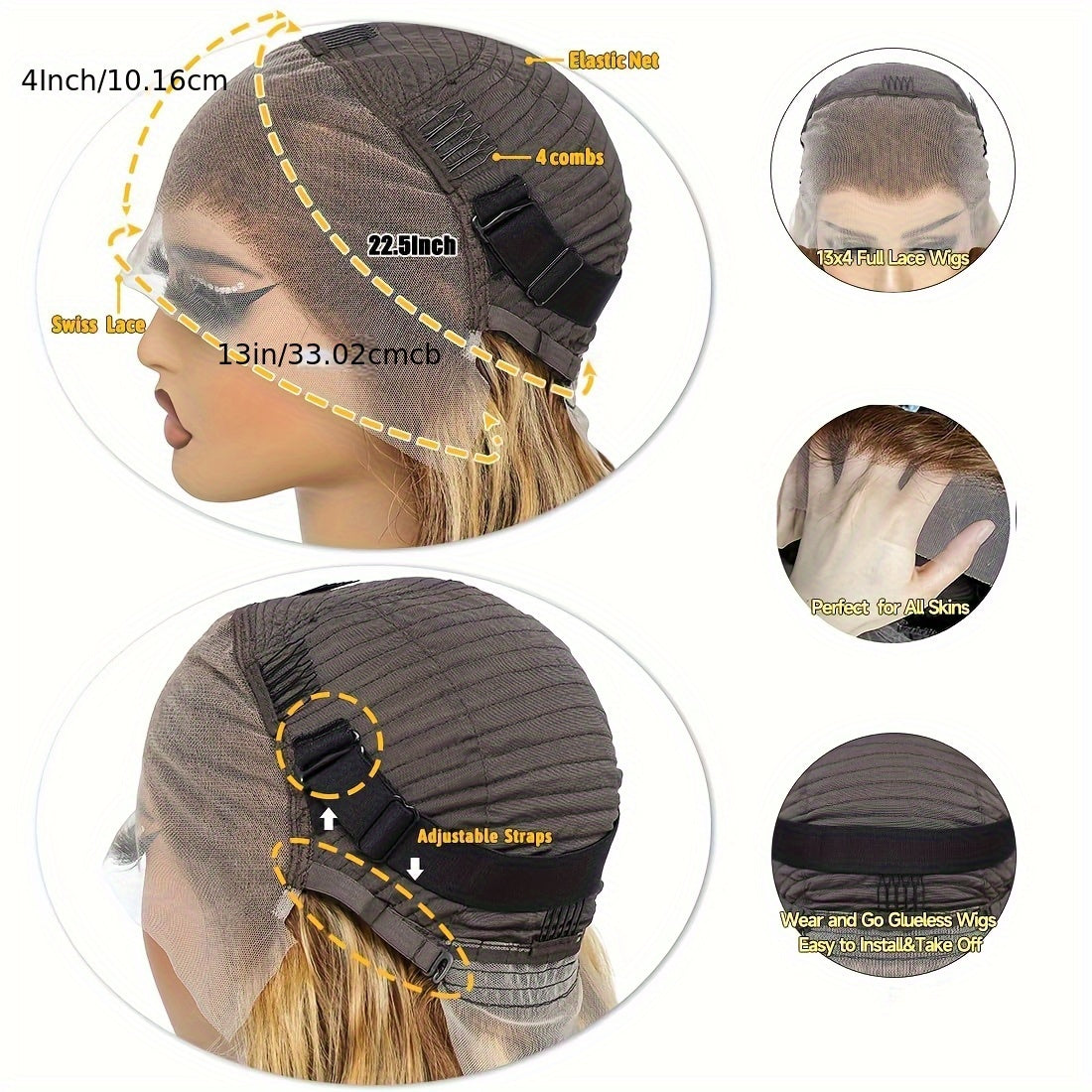 Ombre Lace Front Wig Human Hair Realistic 13x4 Frontal Pre-Plucked Body Wave 200% Density P4/27 Highlights for Women - Natural Look & Versatile Styling, Styling Versatility | Sporty Style Wig | Easy Styling Wig, Wig Accessori