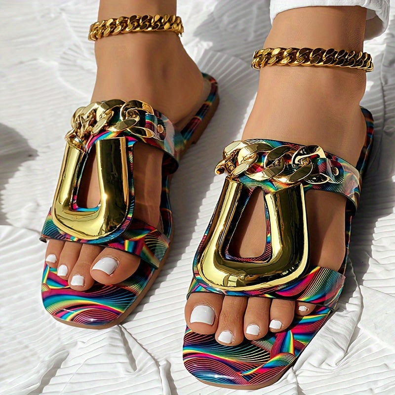Women's Metal Chain Decor Flat Slides, Square Open Toe Non Slip Slide Sandals, Outdoor Versatile Slides