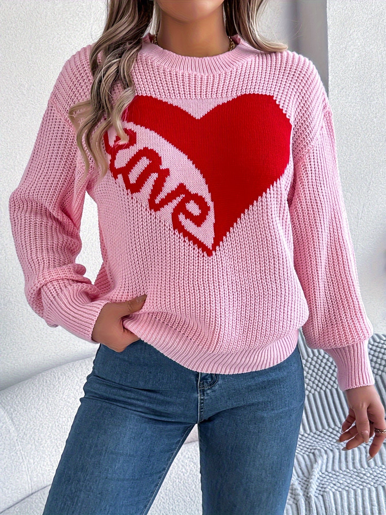 Cozy Love Heart Long Sleeve Pullover Sweater – Acrylic Knit, Geometric & Letter Pattern, Casual Vacation Style for Fall/Winter