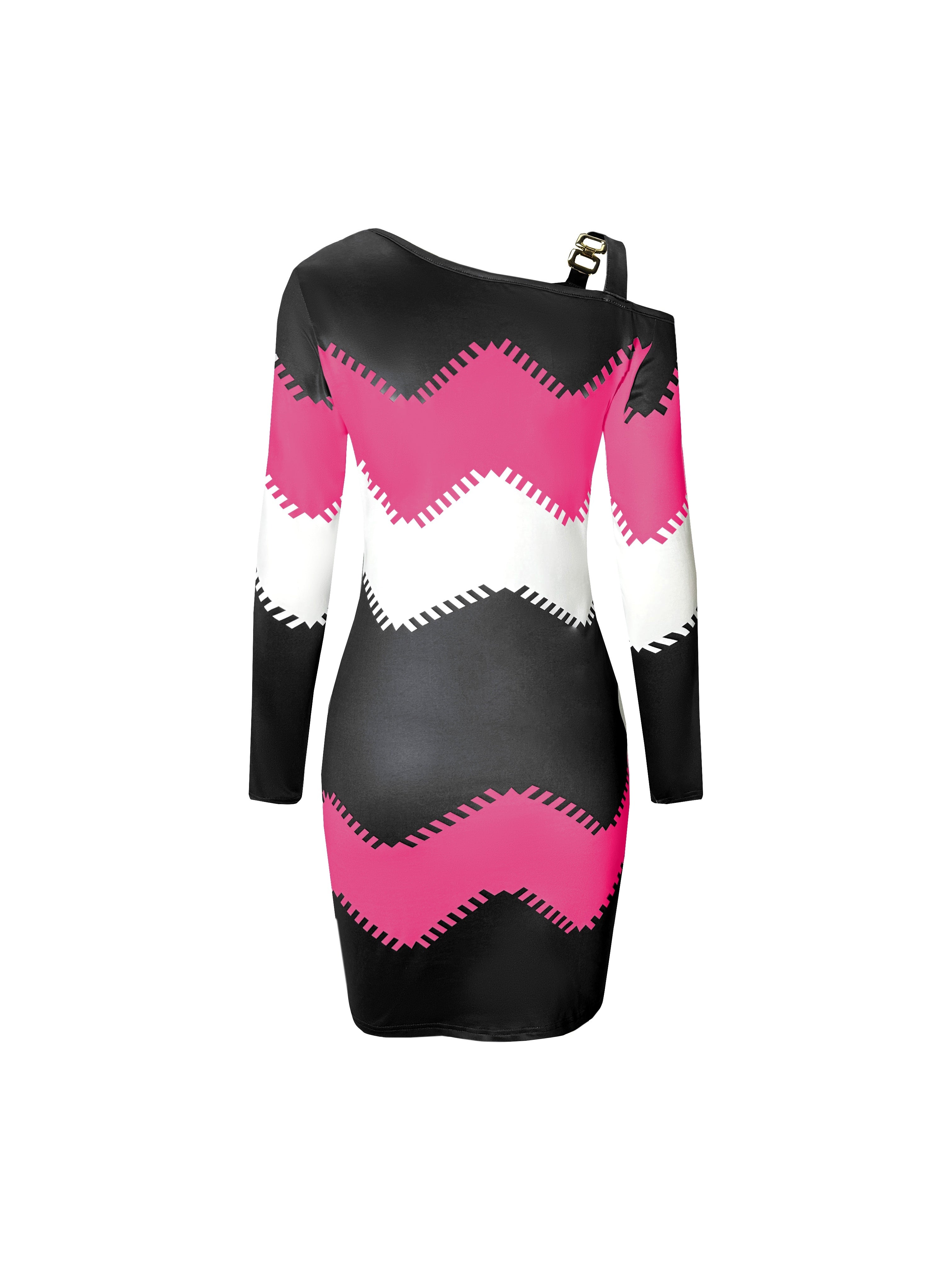 Print Off-Shoulder Color Block Dress for Women - Chic Long Sleeve, Zigzag Pattern, Stretchy Polyester Blend with Chain Detail, Machine Washable - Perfect for Spring & Fall