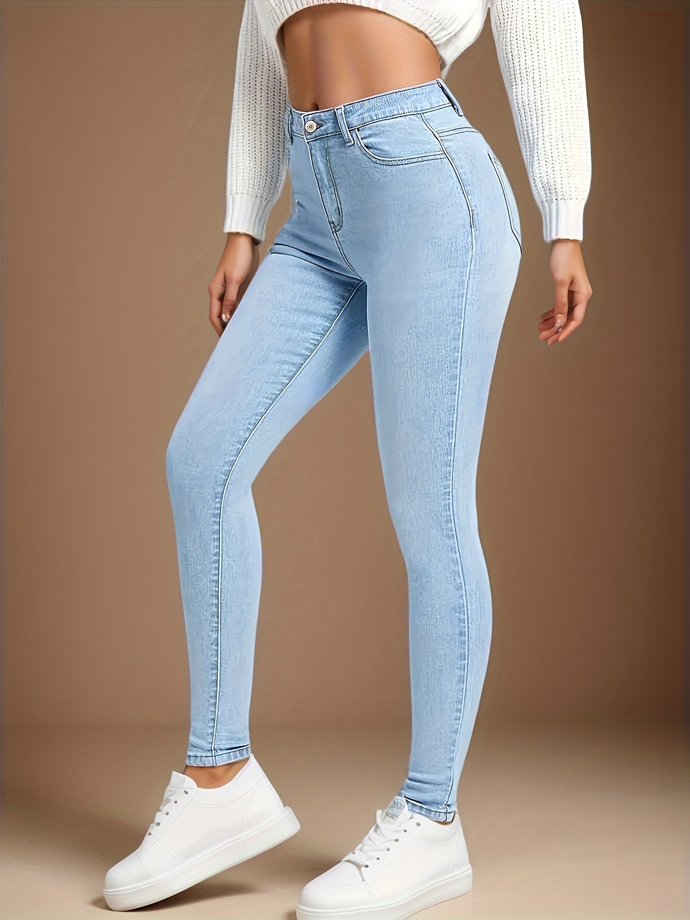 Stretchy High-Rise Slim Fit Blue Jeans - Comfortable High-Stretch Fabric, Slant Pockets, Premium Quality, Soft Touch, And Stylish Design For Everyday Wear