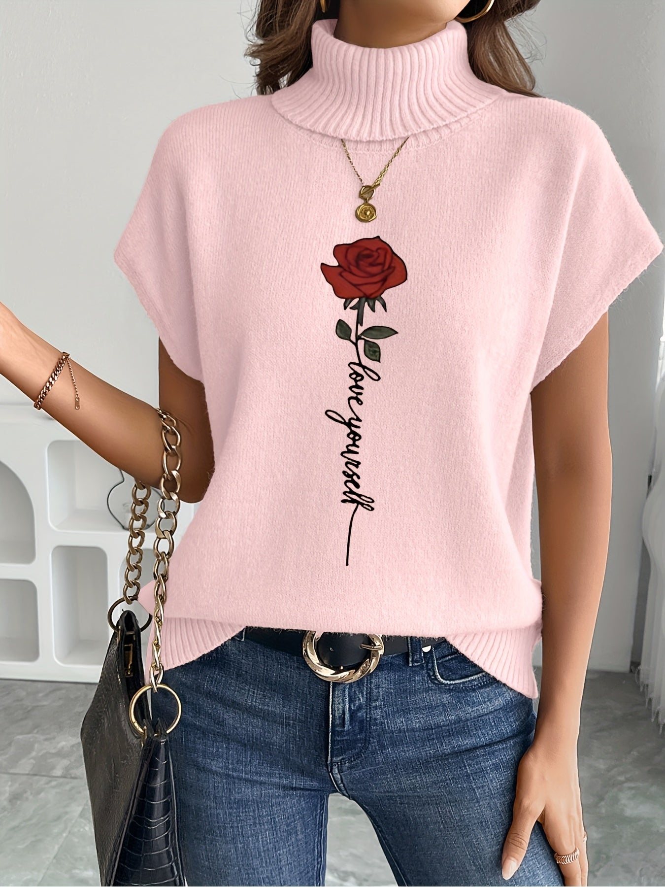Women's Casual Rose Print Sleeveless Knit Vest - Elegant Beige Sweater with High Neckline and Stretchy Fabric, Perfect for Spring/Summer/Fall