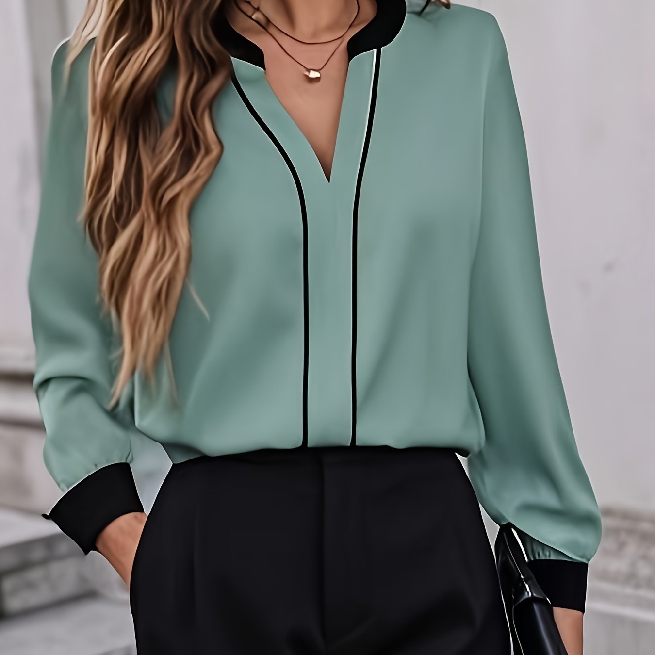 Women's Elegant Office Work Shirt, Color Block Cut-Out Collar Long Sleeve, Casual Fashion Two-Way Wear, Spring/Summer, Polyester, Solid Color, V-Neck, Adult, Woven Fabric