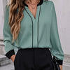 Women's Elegant Office Work Shirt, Color Block Cut-Out Collar Long Sleeve, Casual Fashion Two-Way Wear, Spring/Summer, Polyester, Solid Color, V-Neck, Adult, Woven Fabric