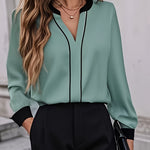 Women's Elegant Office Work Shirt, Color Block Cut-Out Collar Long Sleeve, Casual Fashion Two-Way Wear, Spring/Summer, Polyester, Solid Color, V-Neck, Adult, Woven Fabric