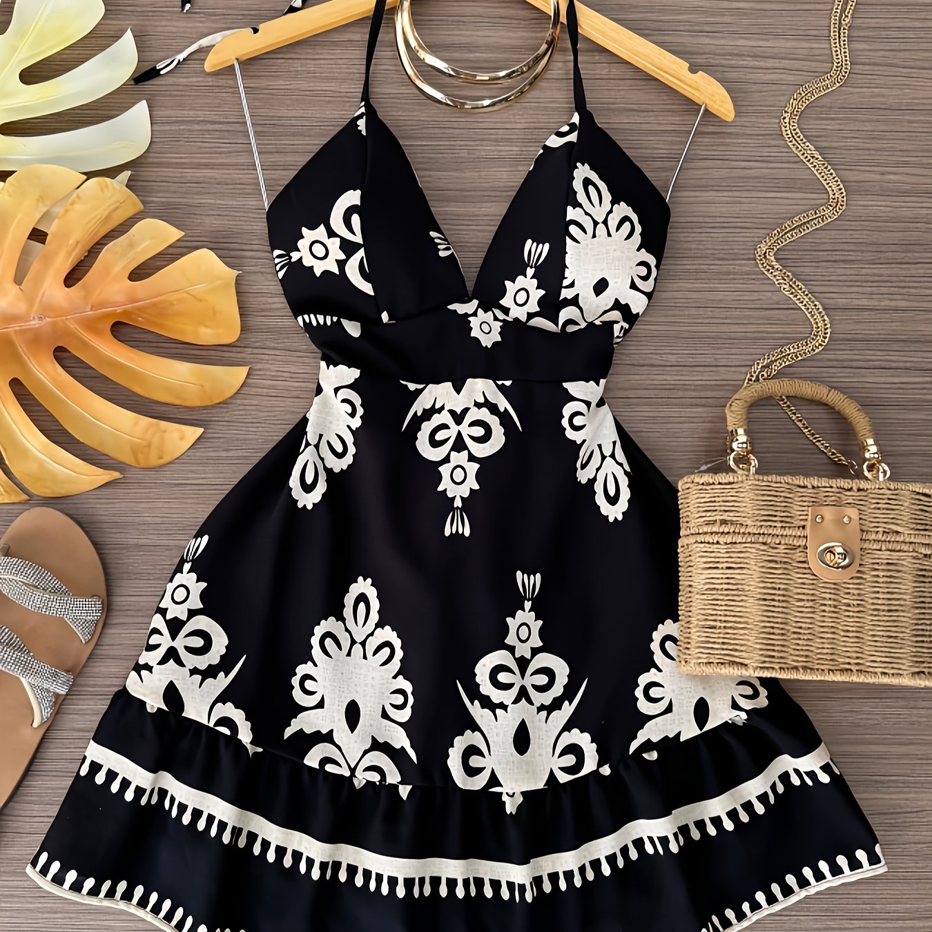 Women's Elegant Halter Neck Summer Dress - Black & White Floral Print A-Line Knee-Length with Back Bow Detail, Machine Washable for Beach, Casual & Semi-Formal Occasions, No Stretch Fabric, Beach Dress