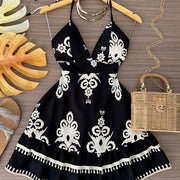 Women's Elegant Halter Neck Summer Dress - Black & White Floral Print A-Line Knee-Length with Back Bow Detail, Machine Washable for Beach, Casual & Semi-Formal Occasions, No Stretch Fabric, Beach Dress