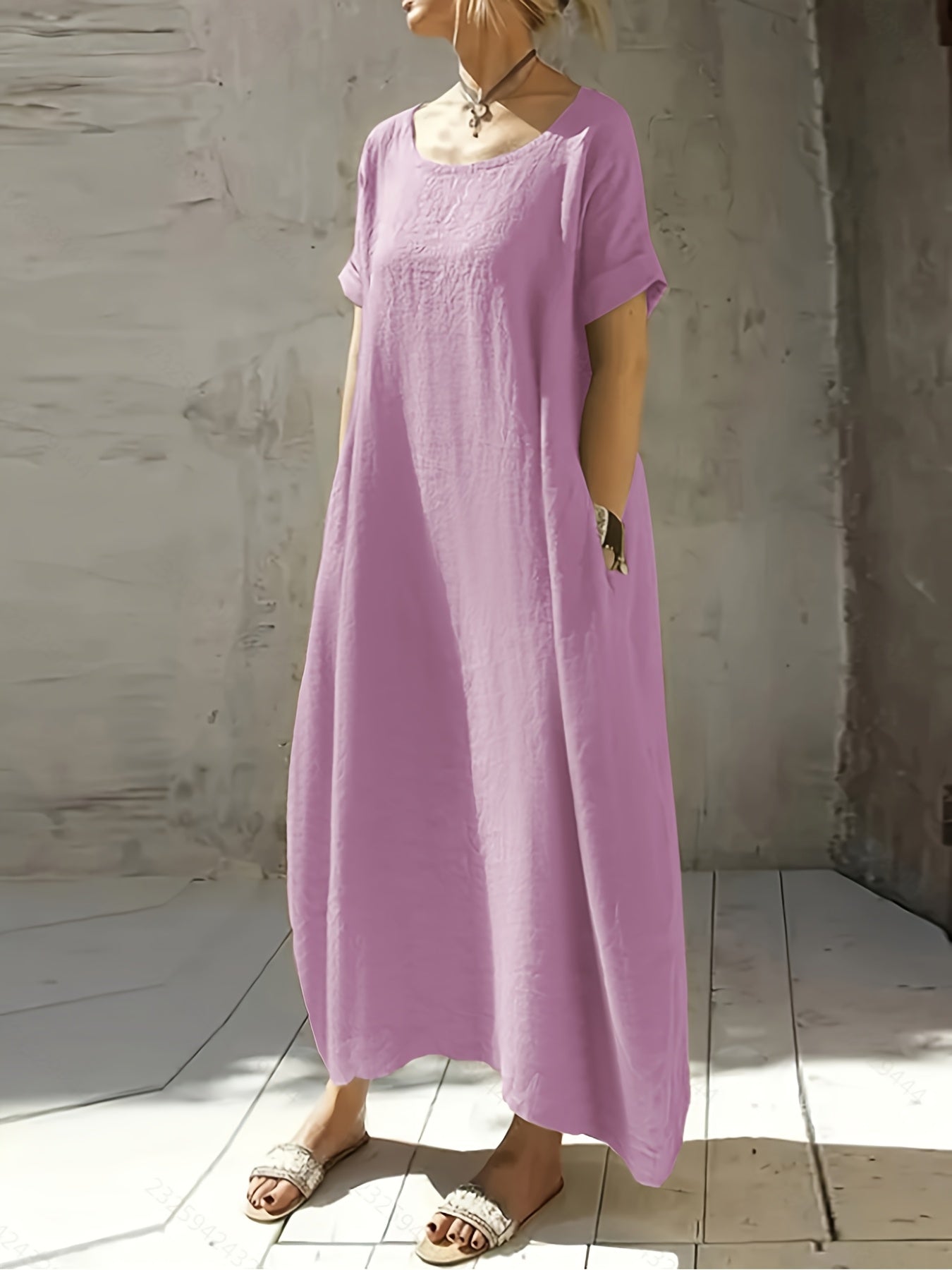 Women's New Summer Round Neck Short Sleeve Loose Dress with Pocket, Elegant and Pure Color Mid-Long Casual Skirt