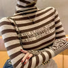 Striped Pattern Turtle Neck Sweater - Casual Long Sleeve Slim Fit Pullover Sweater for Fall & Winter - Women's Clothing - Soft & Cozy Fabric - Perfect Gift for Women