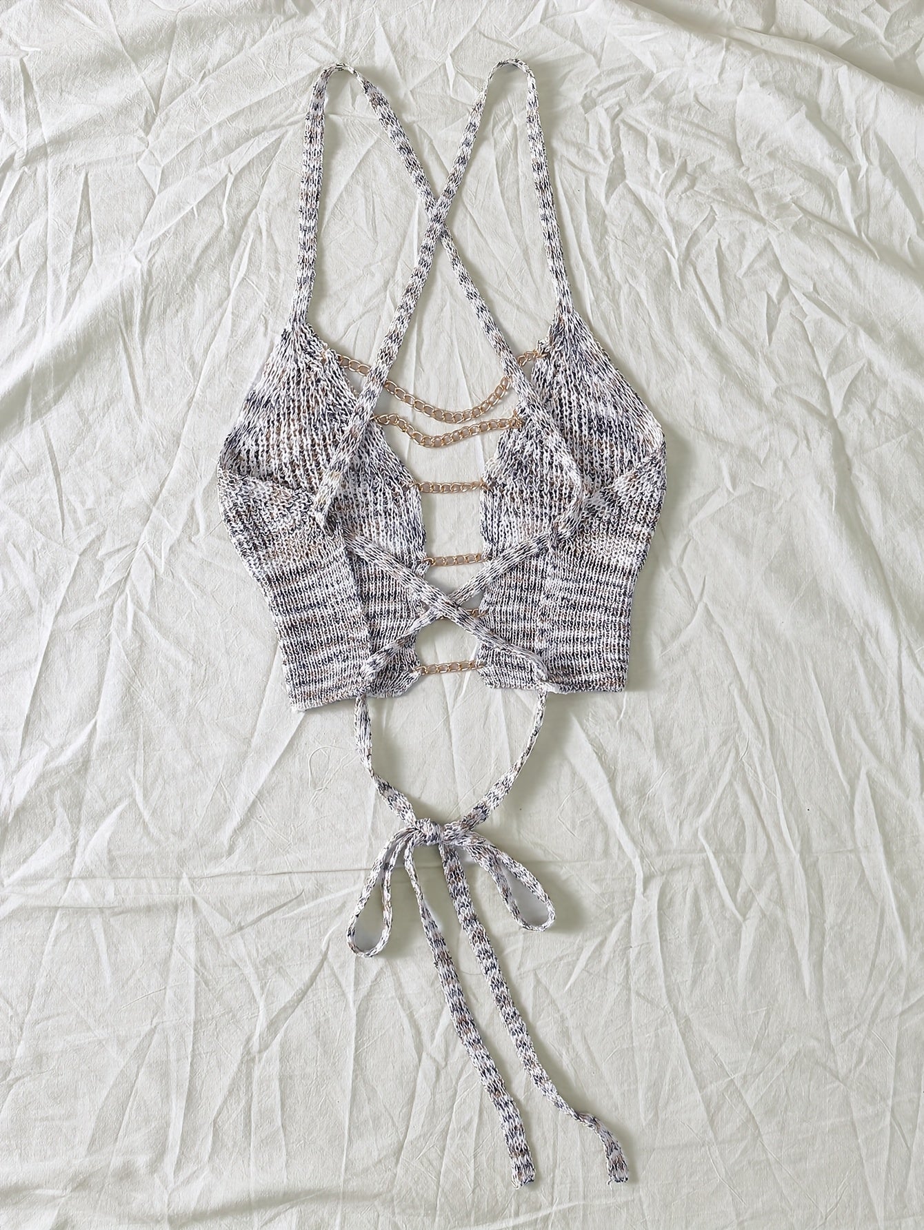 Sexy Gradient Knit Cami Top with Golden Chain Detail - V-Neck, Sleeveless, Stretch Fabric, Light Blue to White Ombre Design for Women - Perfect for Spring/Summer/Fall