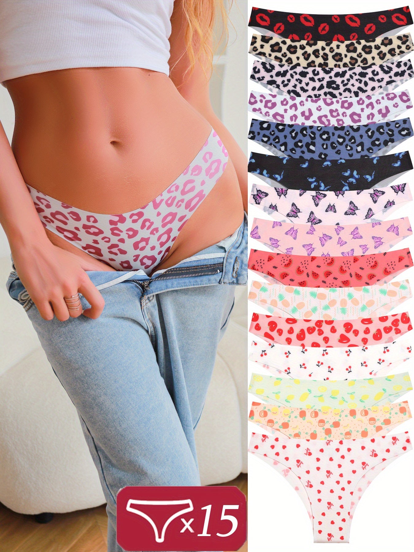 15pcs Printed Panties, Seamless Panties, Breathable Underwear, Leopard Print