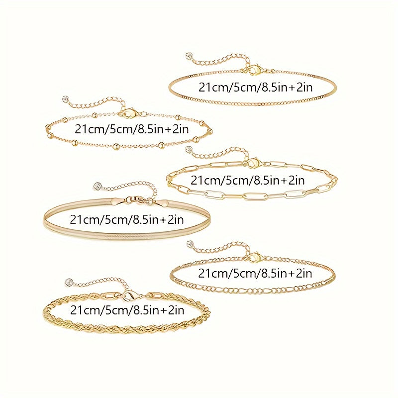 6-Piece 14K Gold-Plated Anklet Set for Women – Waterproof Layered Chains, Cuban, Herringbone & Rhinestone Accents – Summer Beach Jewelry Gift