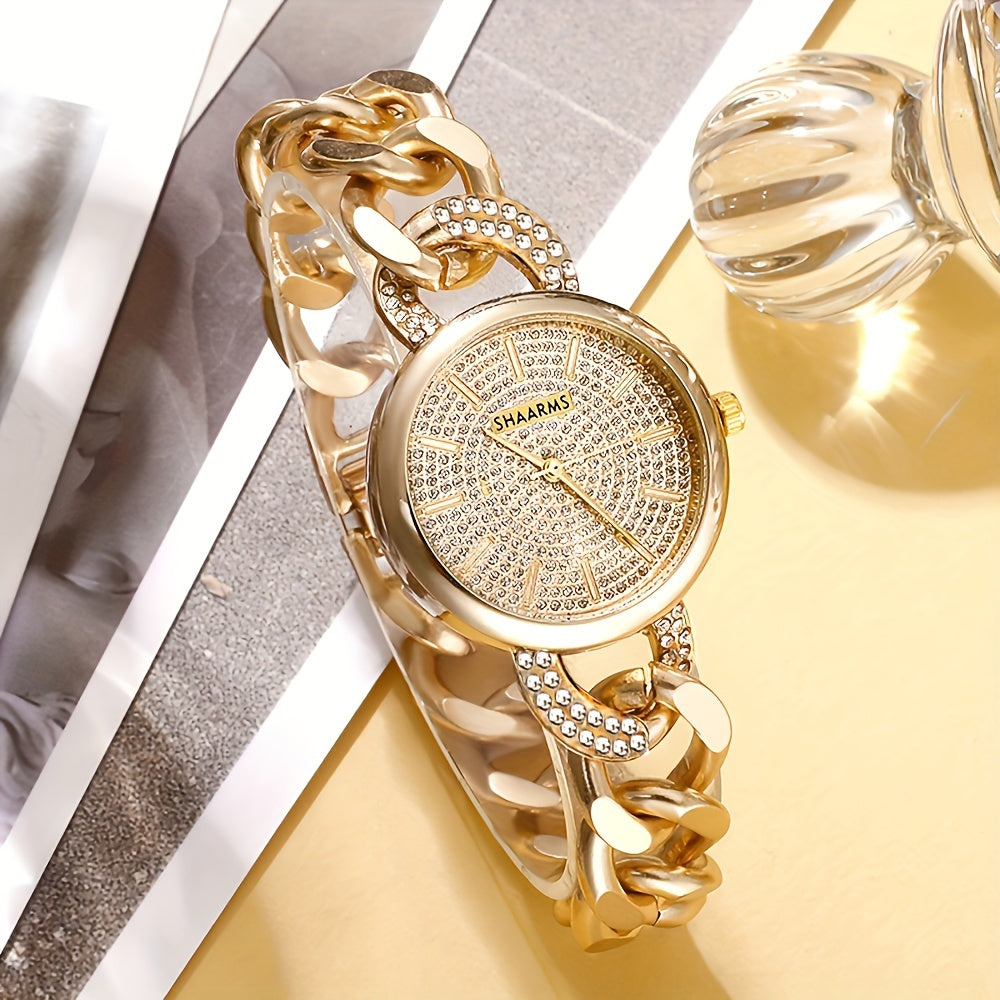 2pcs Elegant Women's Golden-Toned Quartz Watch with Sparkling Rhinestone Dial & Chunky Chain Bracelet Set - Perfect Fashion Gift for Her, Women's Fashion Accessory|Coordinated Outfit|Alloy Construction