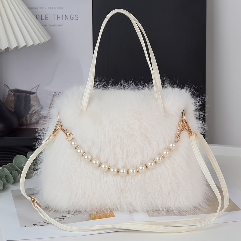 Chic Faux Fur Crossbody Bag with Pearl Accents - Soft Plush Shoulder Purse for Women, Available in Pink, Khaki, Coffee, White, Black