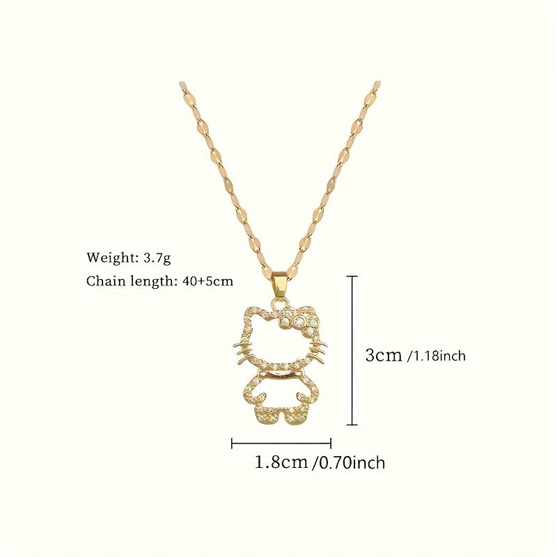 Elegant Sanrio Hello Kitty Golden Pendant Necklace - Chic Stainless Steel with Sparkling Synthetic Gems, Perfect for Weddings & Daily Wear, All-Season Versatile Clavicle Chain