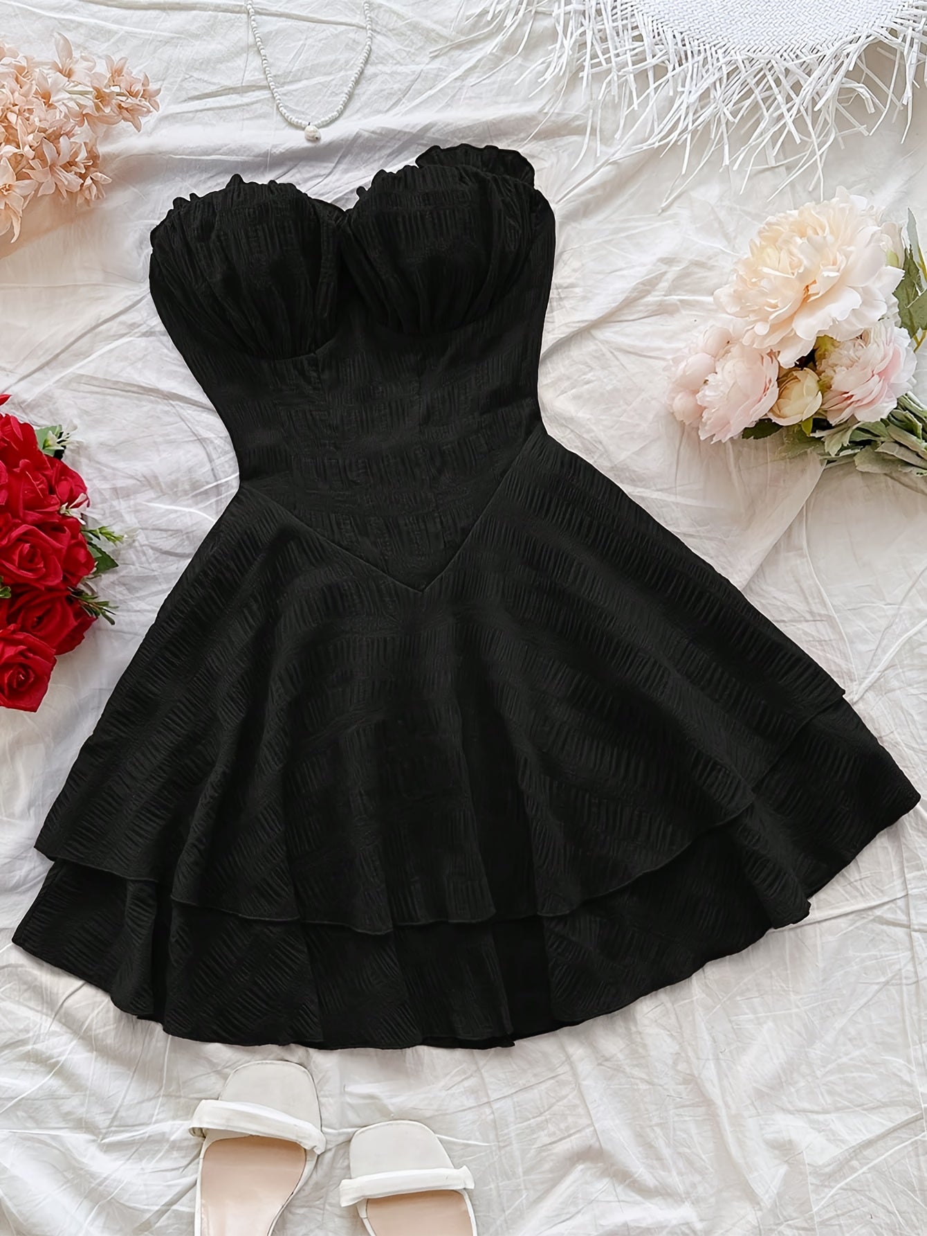 Women'S Y2K-Inspired Black Off-Shoulder Layered Cake Dress with Frill Detail - Romantic Holiday Skater Dress for Adults, All-Season Fashion, Holiday Dress | Ruffled Hemline | Frilled Detailing