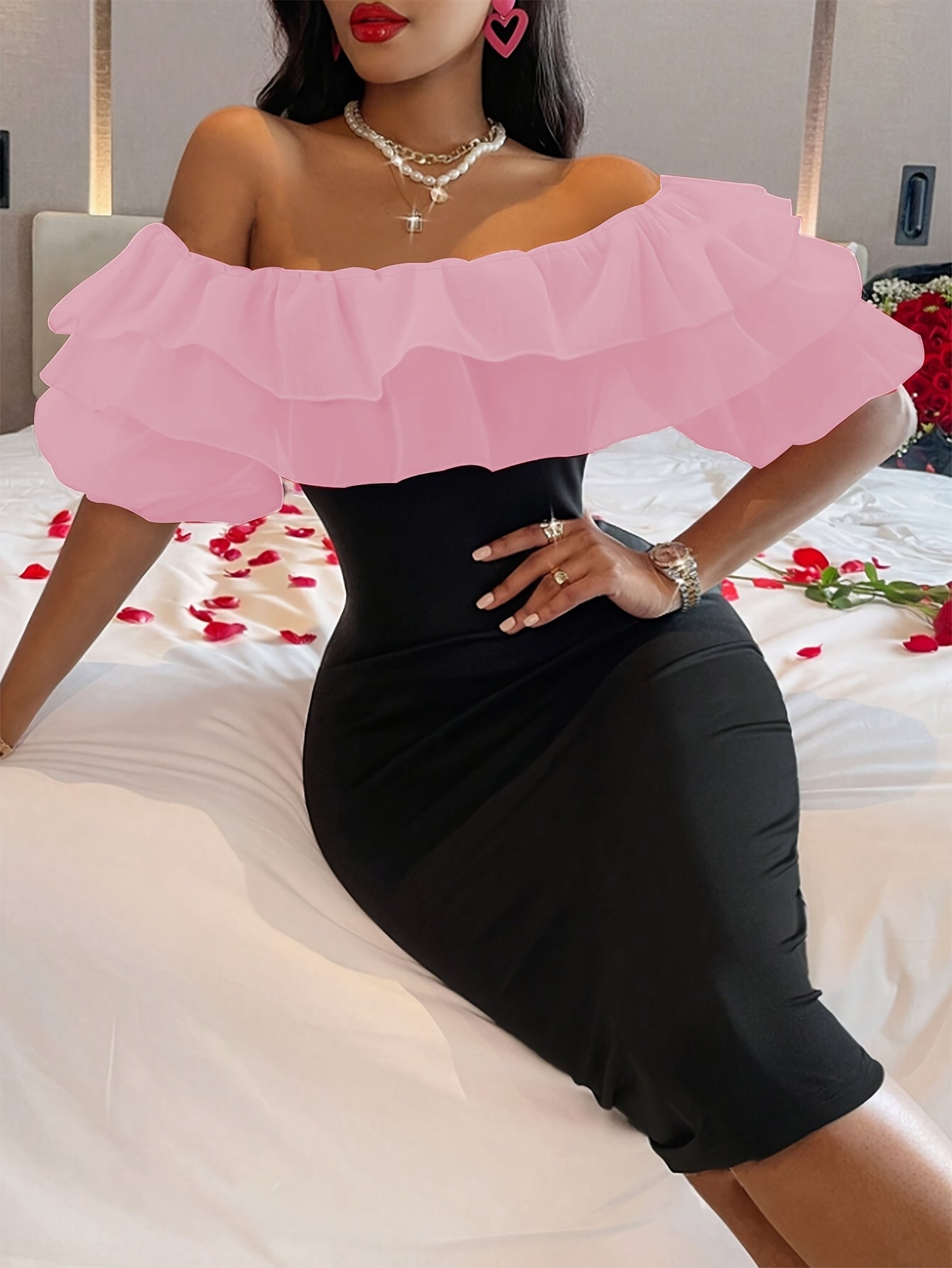 [Stretchy Comfort] Elegant Red Off-Shoulder Ruffled Dress for Women - Stretchy Bodycon Midi with Side Slit, Valentine’s Day Special Occasion, Machine Washable, Form-Fitting Design, Elegant Event Clothing | Ruffled Bodice |