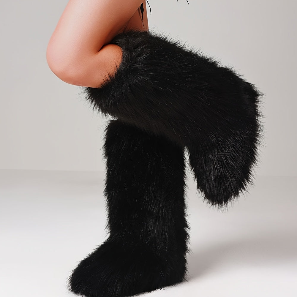 Women'S Plush Fluffy Snow Boots, Mid Cut, Warm, Christmas, Flat Fashion Boots