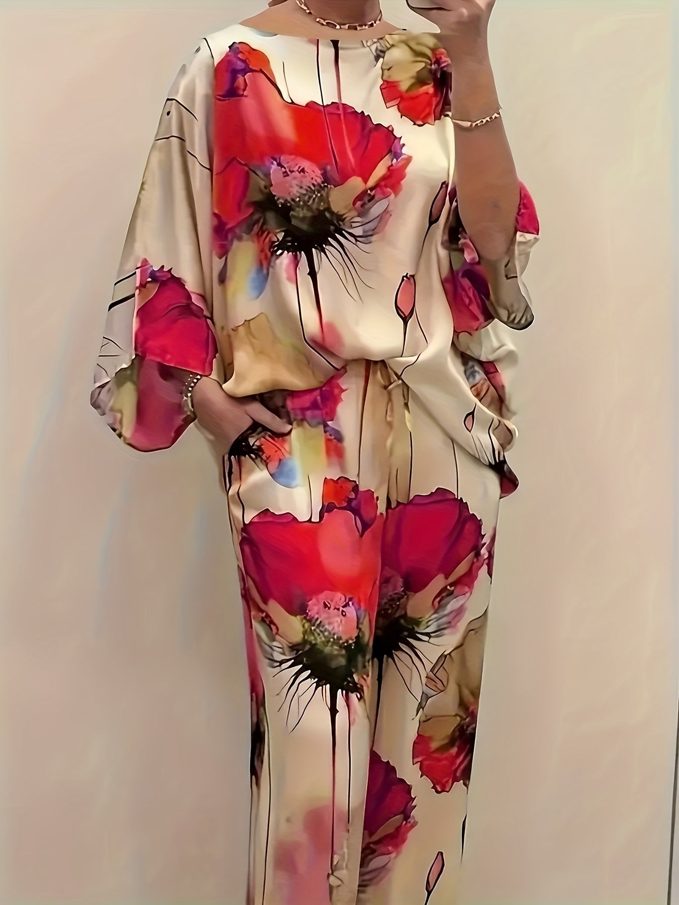 Women's Elegant Floral Print Satin Two-Piece Set: Round Neck Top and Wide Leg Pants