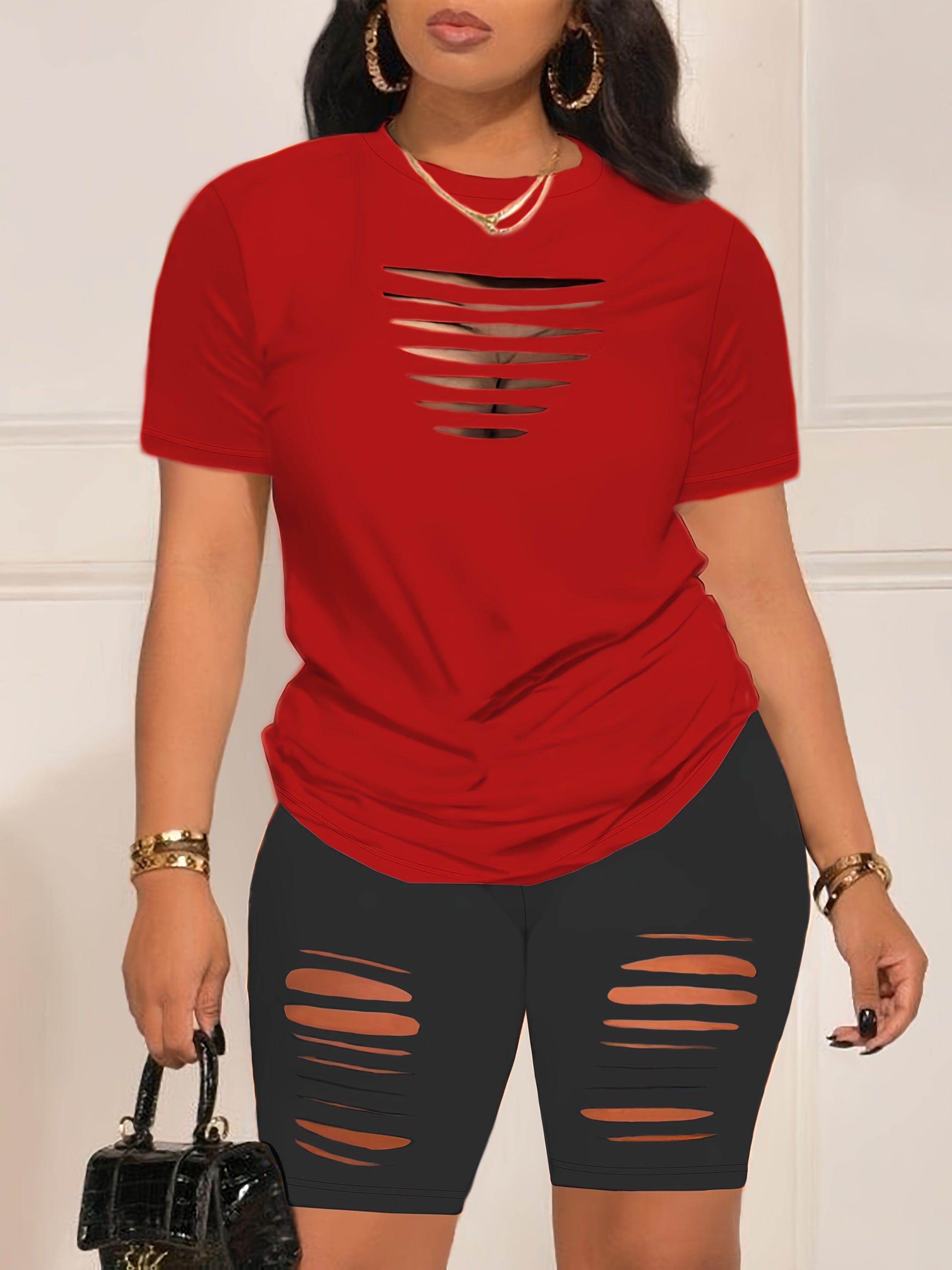 Summer Shorts Set - Pantsuits for Women, Crew Neck Short Sleeve Top & Shorts Outfits, Ripped Casual Clothing for Spring and Summer, Comfortable and Stylish Women's Clothing
