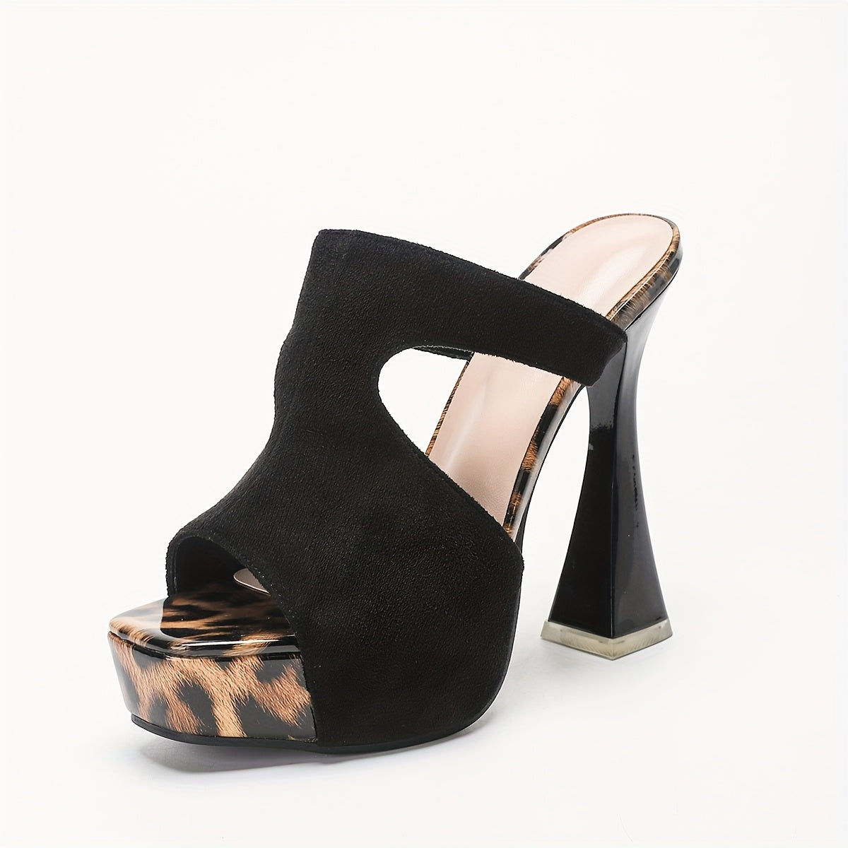 2025 Summer New Stylish Streetwear Eye-Catching Black Suede Patchwork Leopard Print High-Heeled Sandals